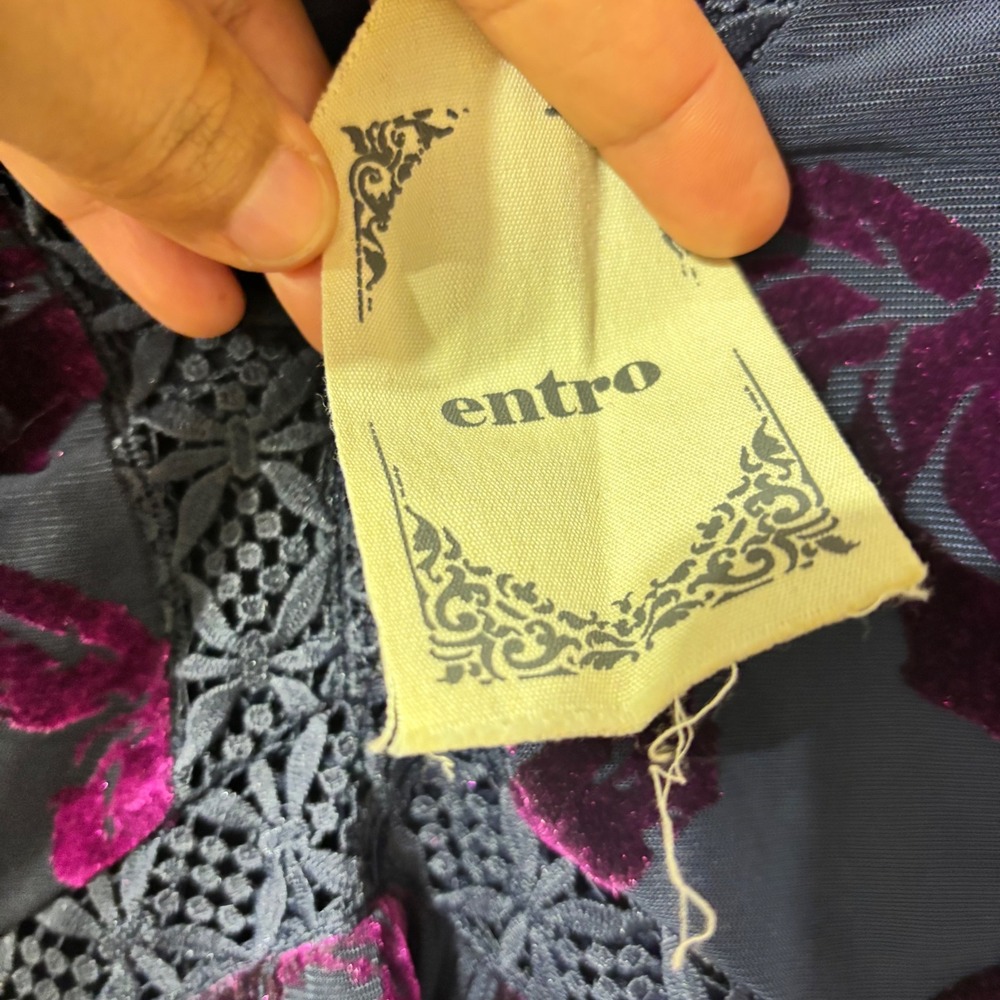 Entro Floral Velvet Burnout Dress Navy Magenta Boho‎ Bell Sleeve Mini Small NEW - Picture 6 of 11
